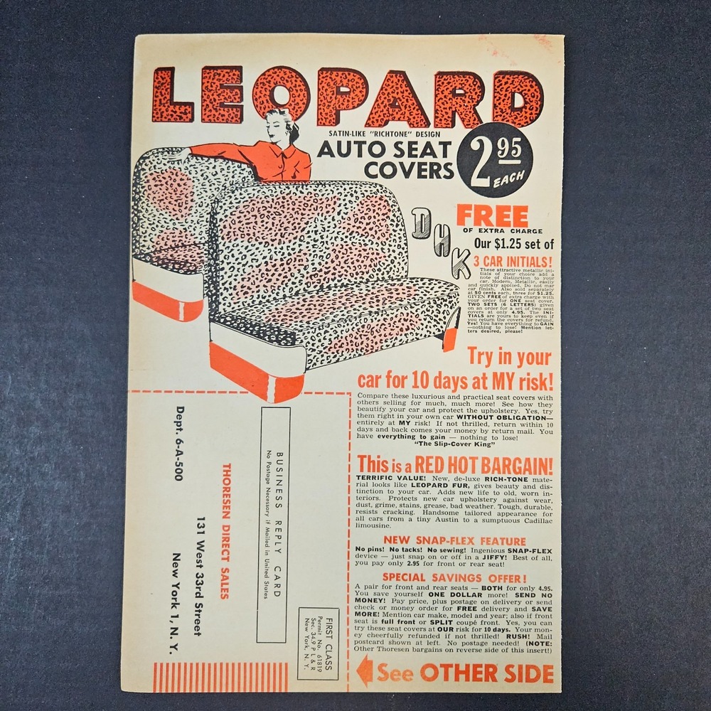 1952 Thoresen Direct Sales Leopard Auto Seat Covers Vintage Business Reply‎ Card